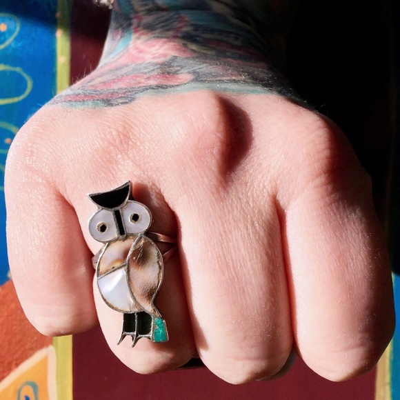 Vintage 40s Zuni Native American Sterling Owl Ring - Picture 2 of 5